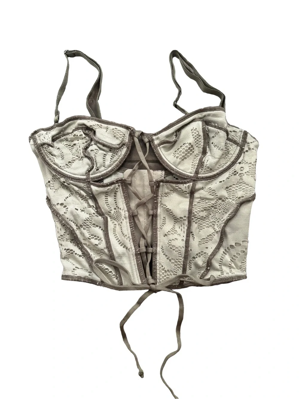 Urban Outfitters Lace Bustier Crop Top in Light Beige with Taupe Trim - Picture 1 of 3